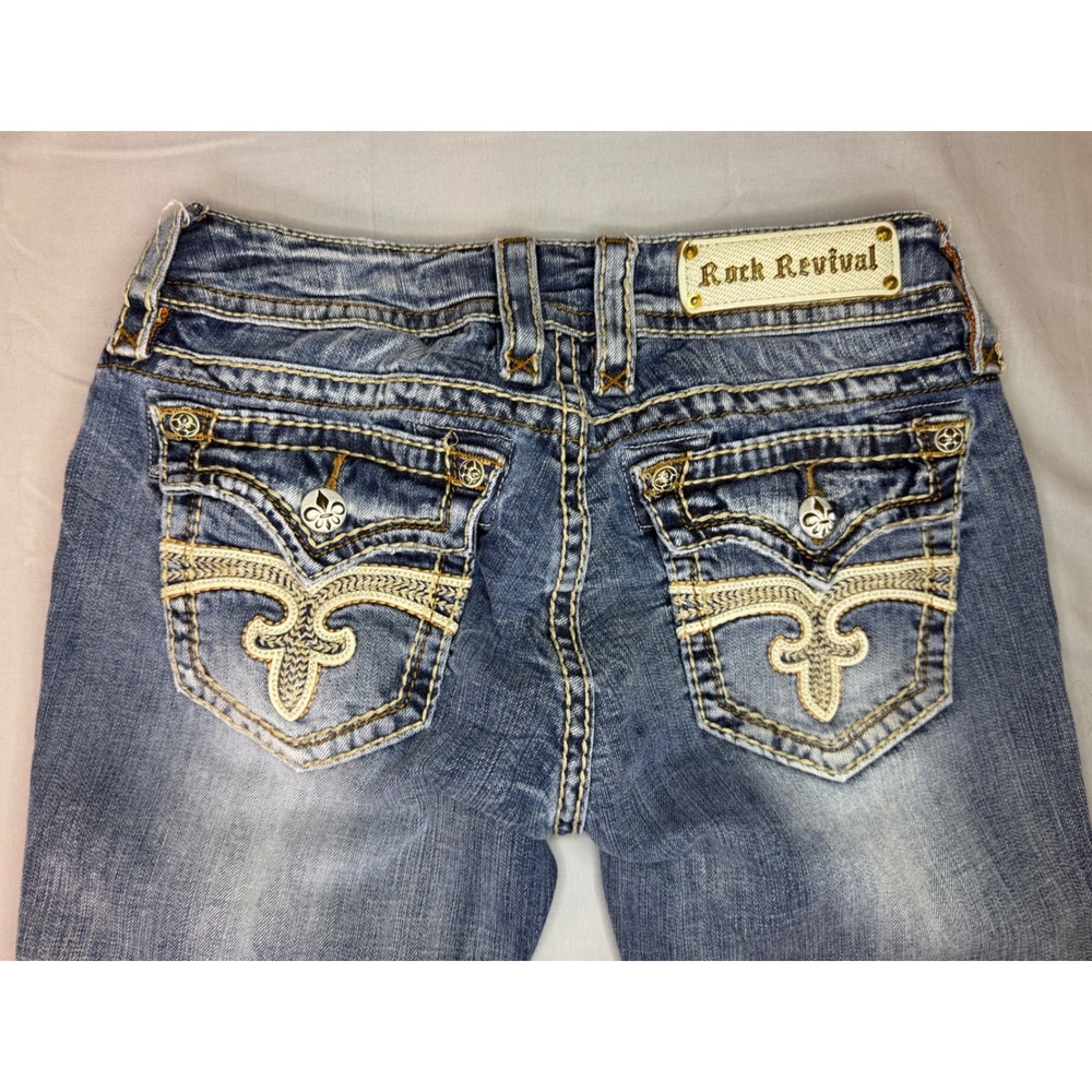 Rock Revival Celine Capri Jeans Womens 29 Blue Distressed Embroidered  Denim - Picture 7 of 10
